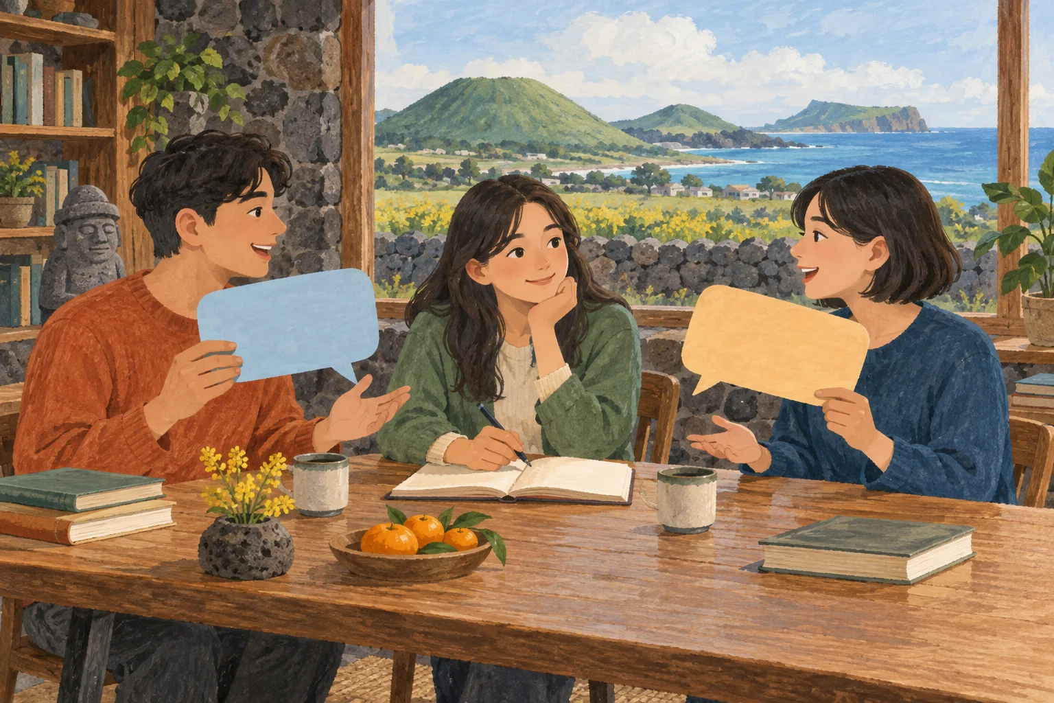제주 돌담 교실에서 양쪽 학생이 파란색·노란색 말풍선 카드를 들고 말하는 동안, 가운데 학생이 둘의 말을 듣고 펼친 노트에 기록하는 장면