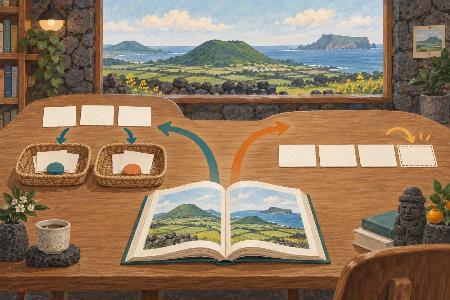 펼친 책에서 두 화살표가 이어지는 그림. 왼쪽의 빈 문장 카드 세 장은 청록색과 주황색 바구니 두 개로 분류되고, 오른쪽의 문장 카드 세 장 끝에는 점선 빈 카드가 덧붙는 모습