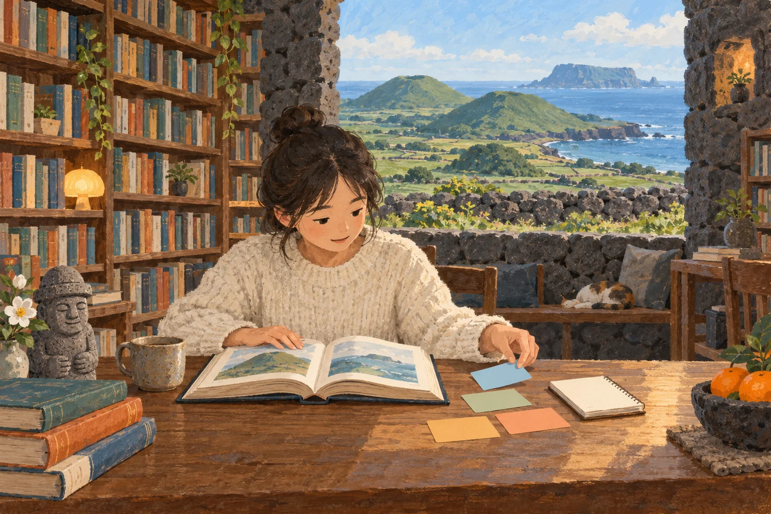 제주 돌담 도서관의 책장 앞에서 학생이 책을 읽으며 색 카드 네 장을 작업 노트 옆에 놓는 그림
