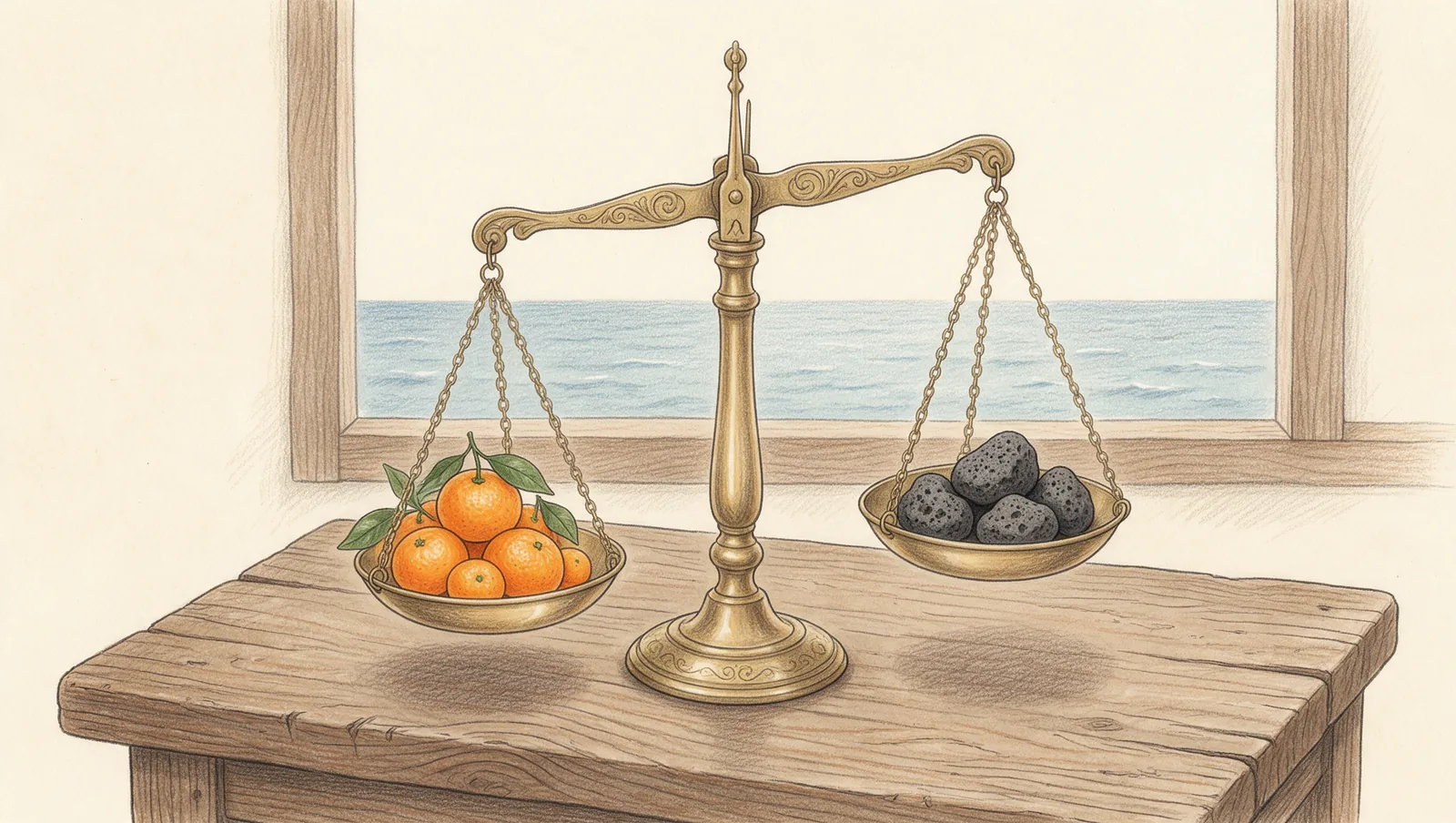 나무 탁자 위의 오래된 놋쇠 저울 그림. 왼쪽 접시에는 귤 여러 개가, 오른쪽 접시에는 구멍이 숭숭 난 검은 현무암 돌 여러 개가 담겨 있고, 저울대는 귤 쪽으로 살짝 기울어 있다. 창밖으로 잔잔한 바다가 보인다