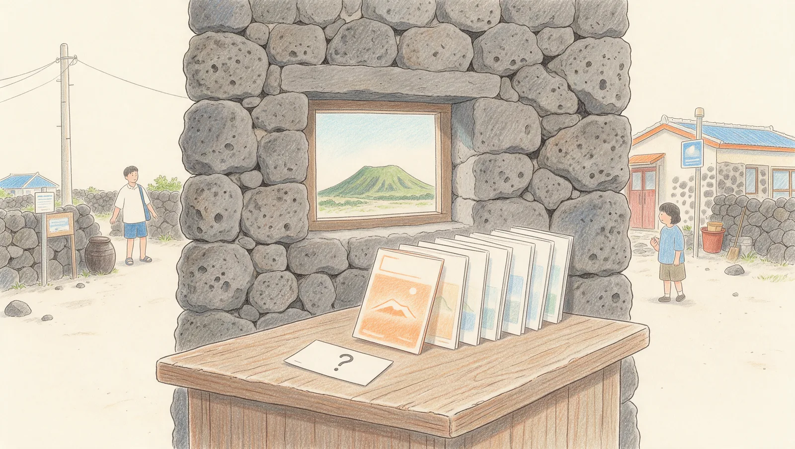 현무암 돌담으로 지은 제주 마을의 작은 관광 안내소 그림. 나무 탁자 앞쪽에 물음표가 그려진 질문 카드가 놓여 있고, 그 뒤로 안내 책자들이 한 줄로 세워져 있다. 맨 앞 책자는 주황색이고 뒤로 갈수록 색이 옅다. 돌담의 창 너머로 초록 오름이 보이고, 마을 길에 사람 둘이 서 있다