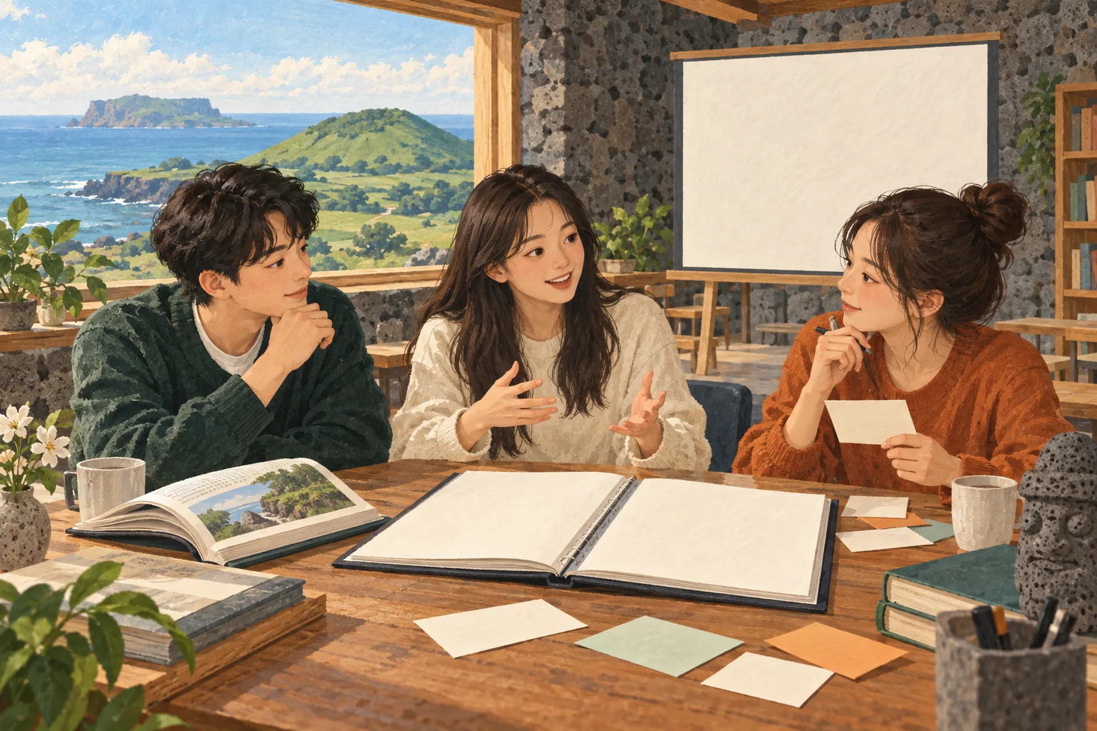 제주 교실의 학생 세 명이 빈 포트폴리오와 원문 책, 질문 카드를 두고 이야기하고, 뒤에 빈 발표판이 놓인 장면
